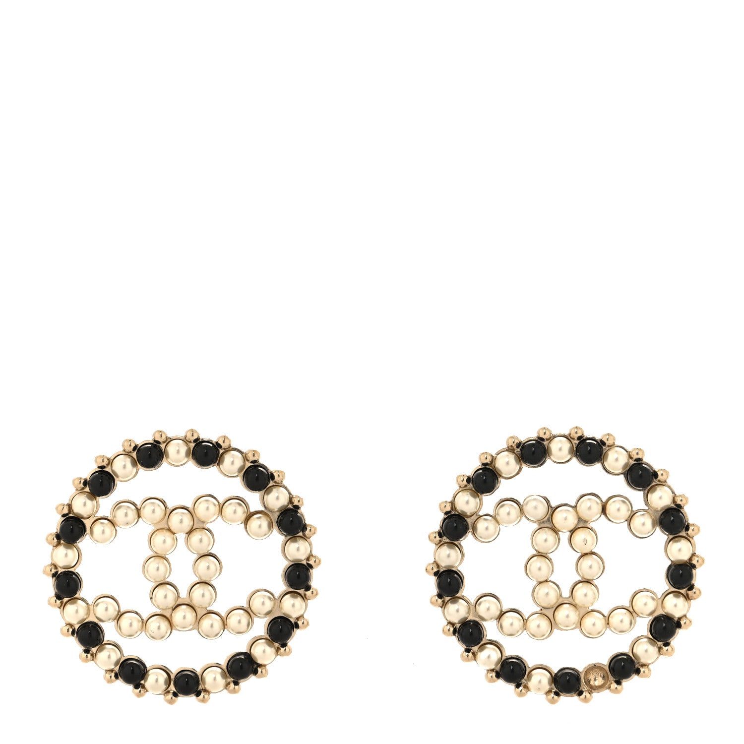Pearl Beaded CC Round Earrings Gold Black White