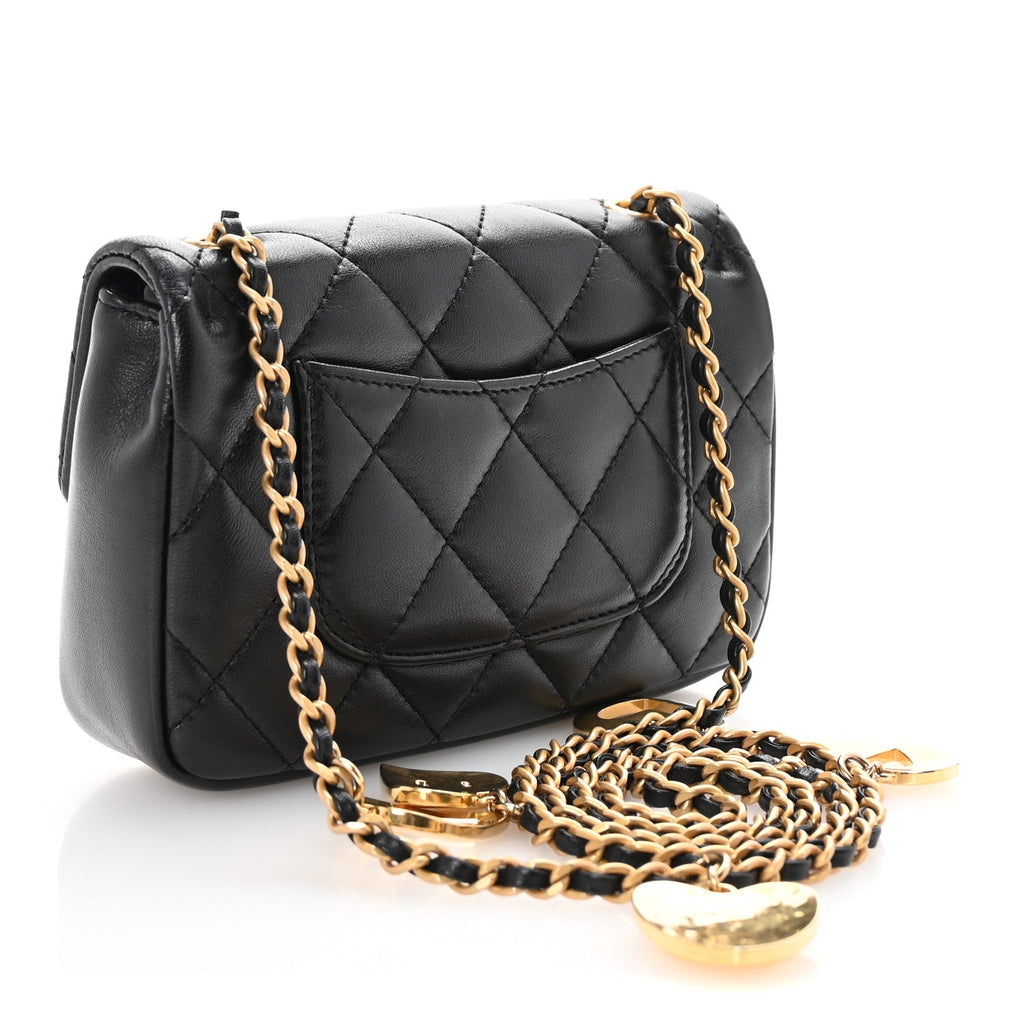 Lambskin Quilted Mini Heart Charms Flap Black