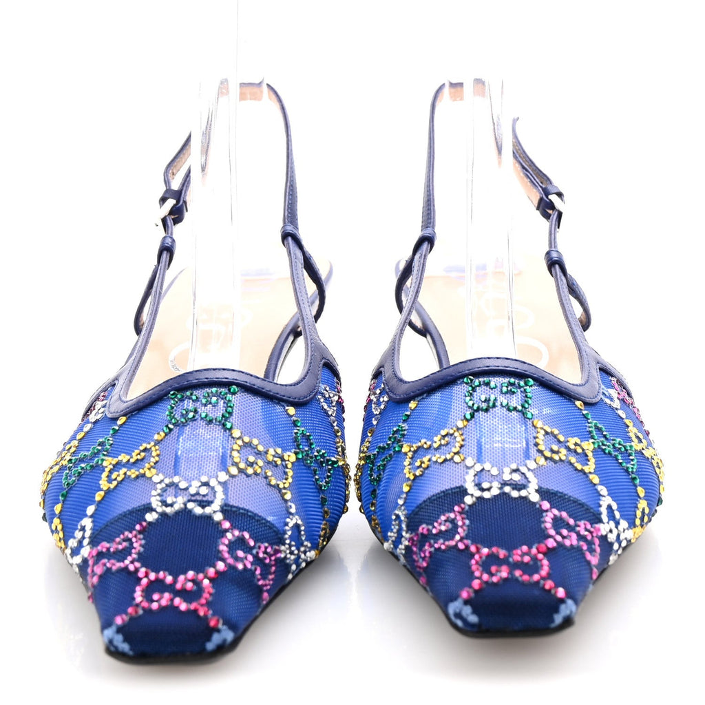 Tela Retino Nappa Charlotte Crystal GG Monogram Square G 35mm Slingback Pumps 39 Splash Net Blue Witch