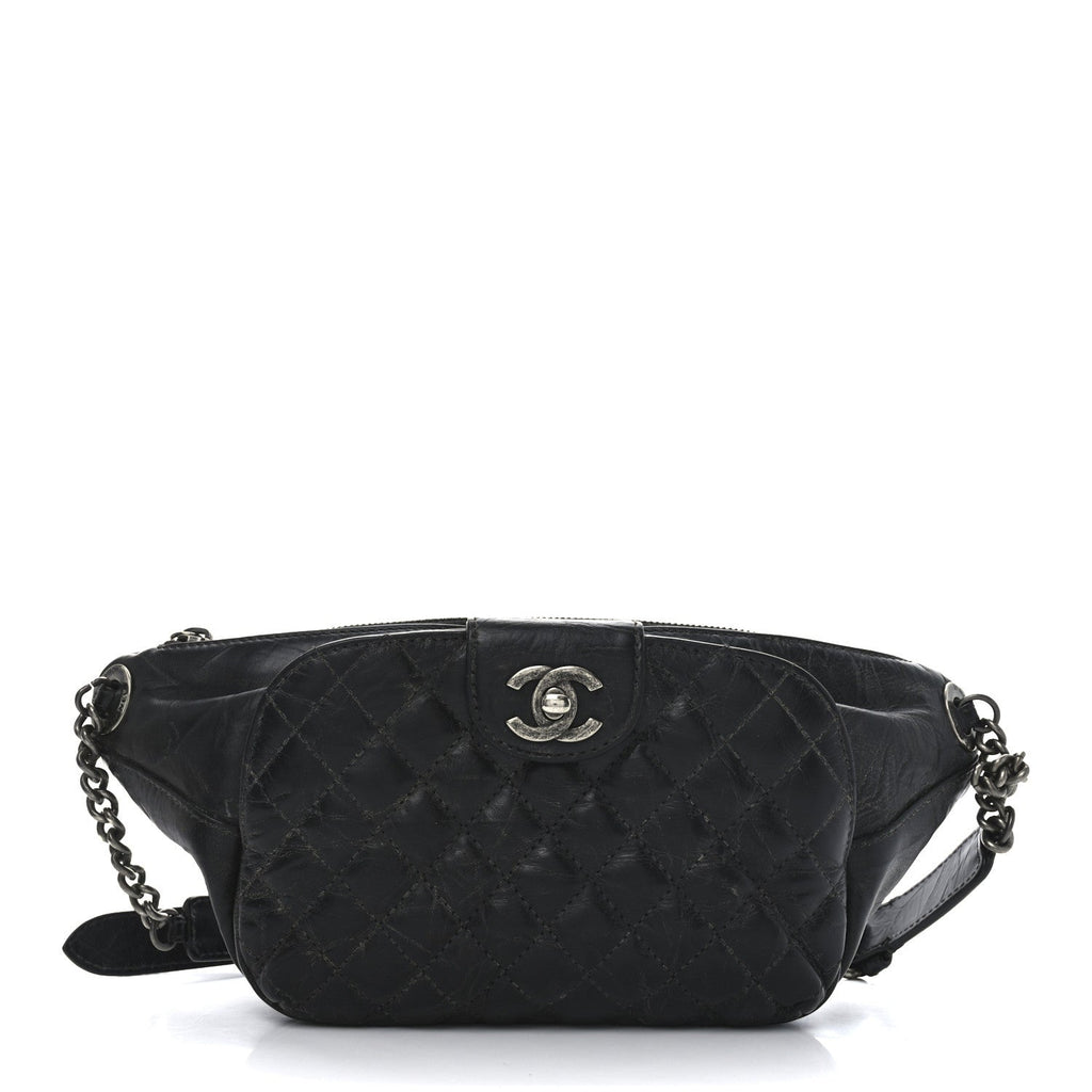 Crumpled Calfskin Quilted Casual Rock Waist Bag Fanny Pack Black
