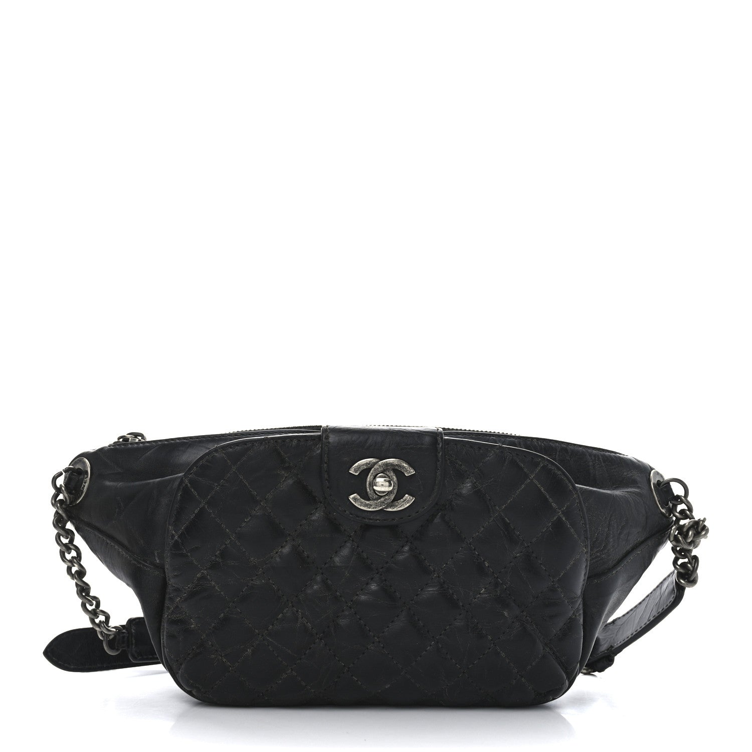 Crumpled Calfskin Quilted Casual Rock Waist Bag Fanny Pack Black