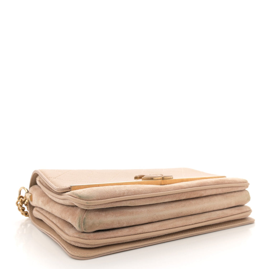 Grained Calfskin Stitched Enamel CC Flap Bag Beige
