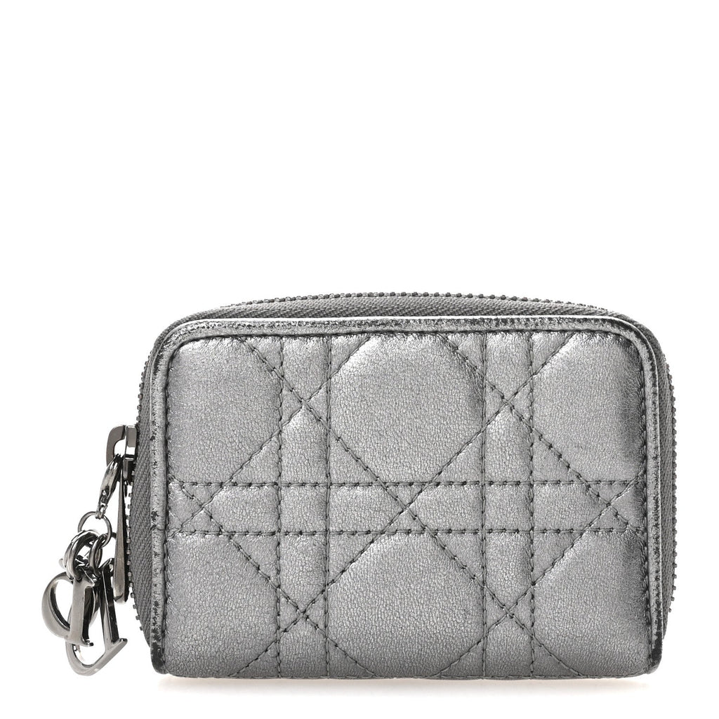 Metallic Calfskin Cannage Compact Zip  Wallet Silver
