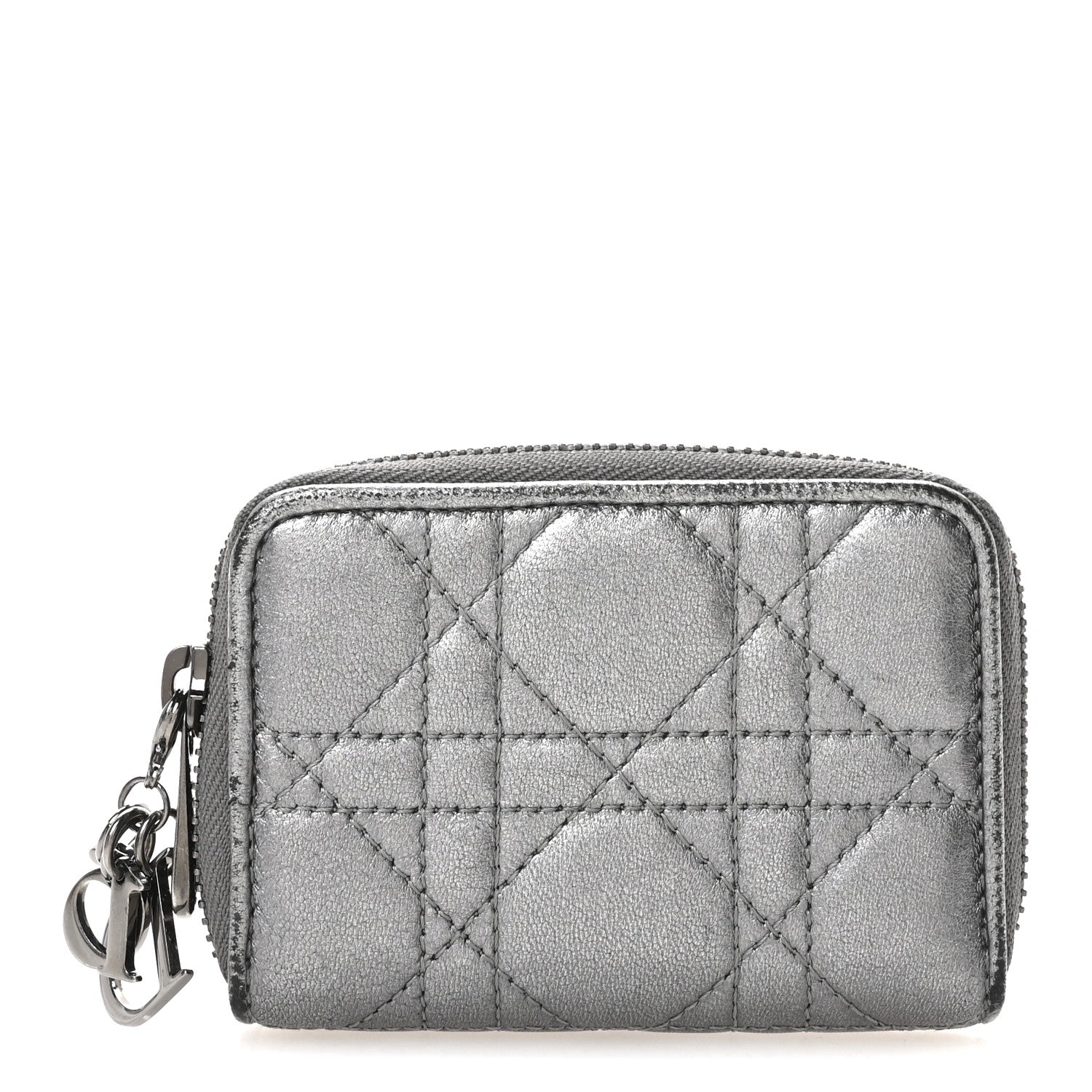 Metallic Calfskin Cannage Compact Zip  Wallet Silver