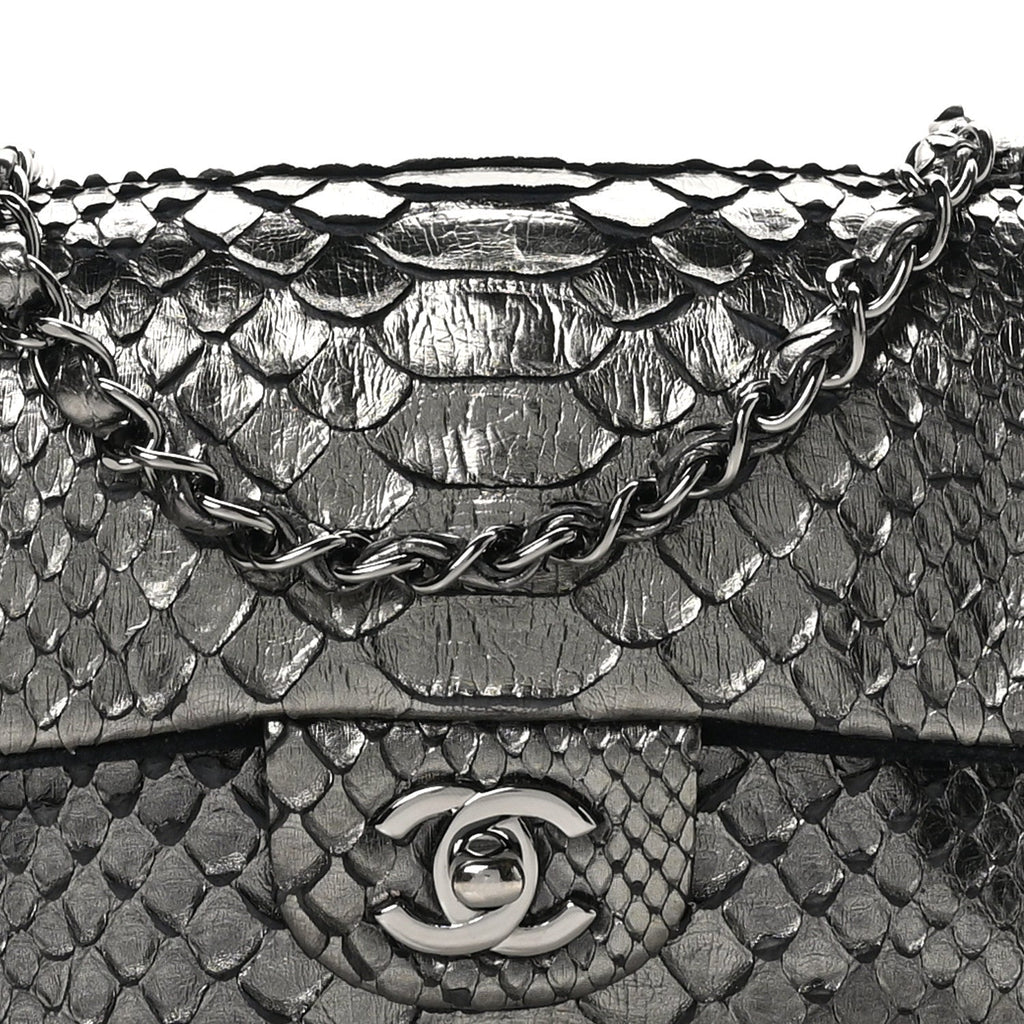 Metallic Snakeskin Mini Rectangular Flap Dark Silver