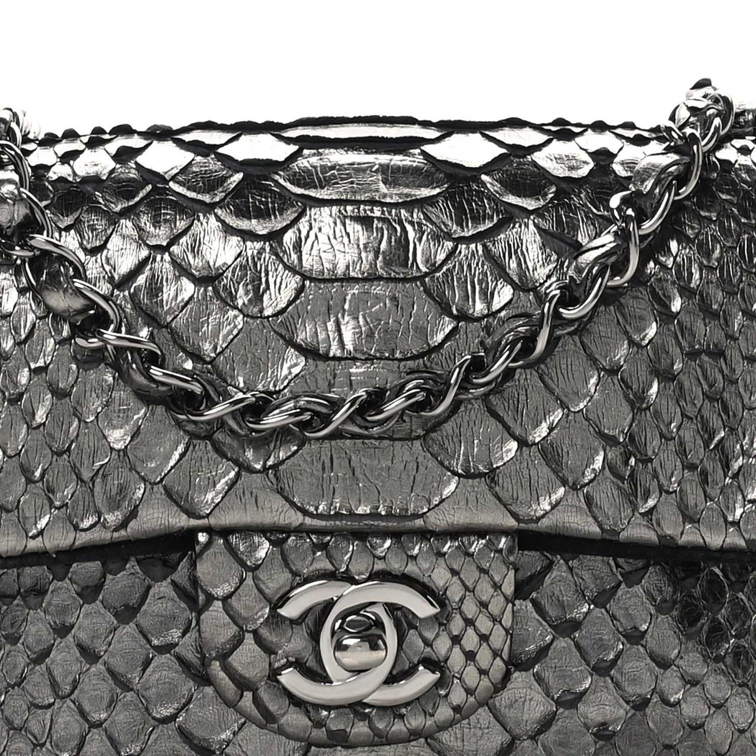 Metallic Snakeskin Mini Rectangular Flap Dark Silver