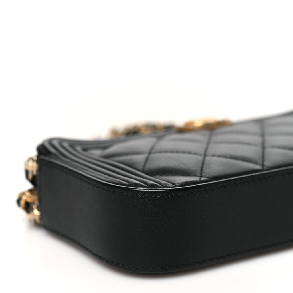 Lambskin Quilted Small Boy Clutch With Chain Black