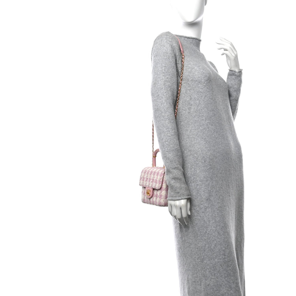 Tweed Handle Crush Top Handle Flap Bag Pink Ecru