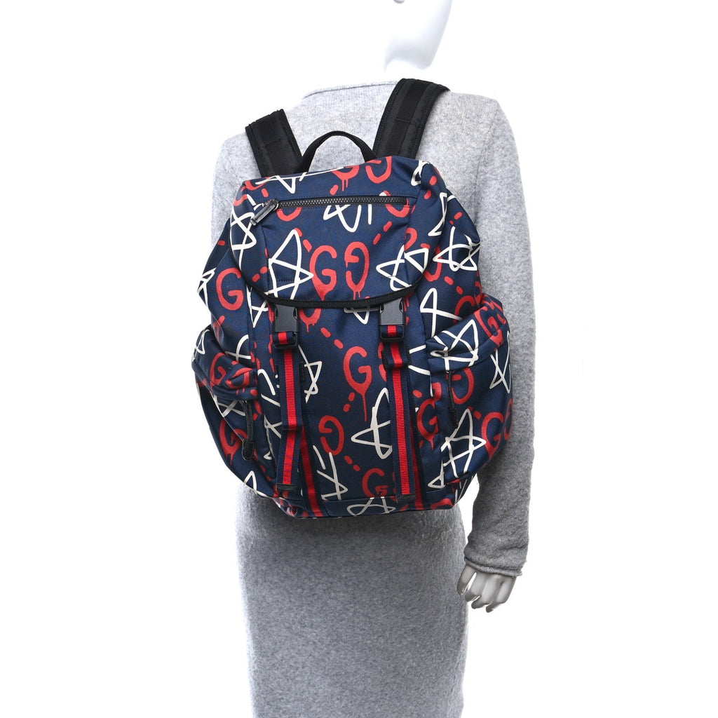 Techno Canvas GucciGhost Double Buckle Backpack Blue Agata Hibiscus Red