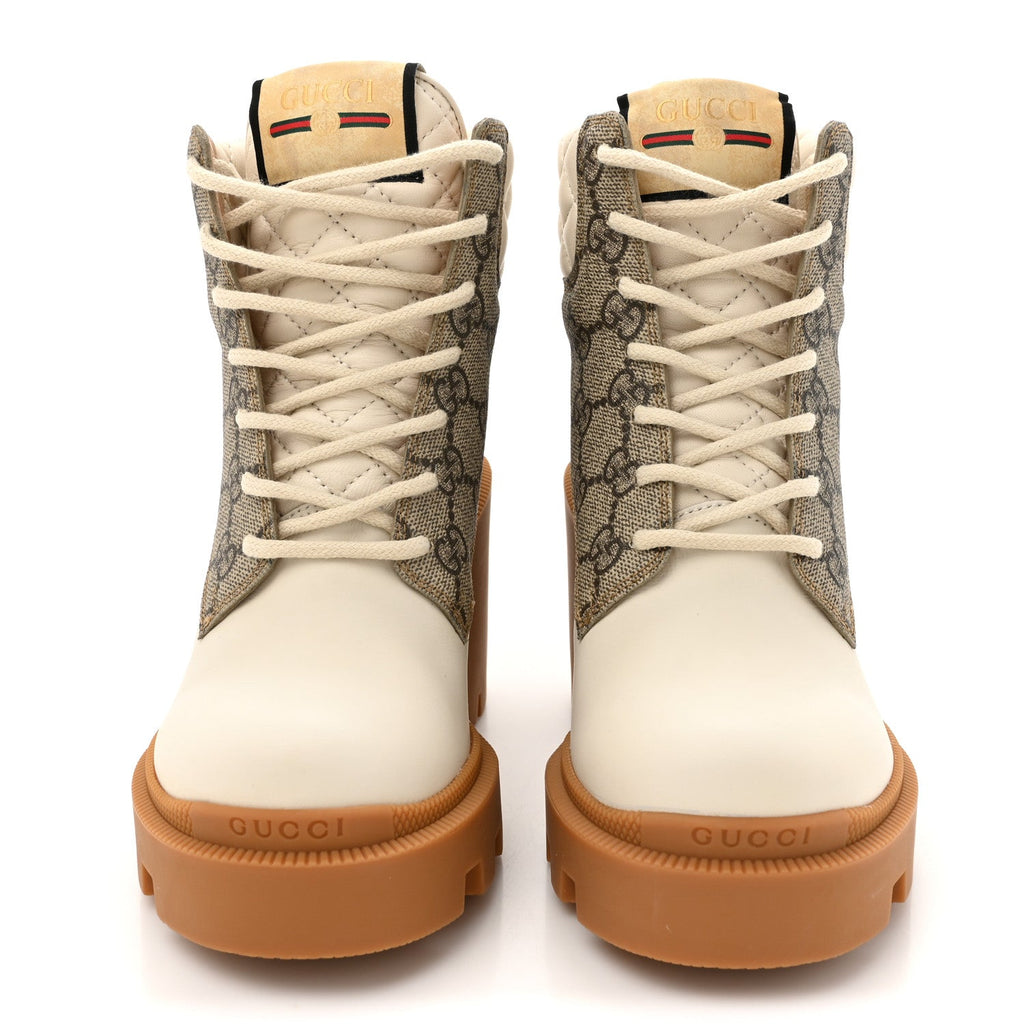 Calfskin GG Supreme Monogram Nappa Quilted Lace Up Ankle Boots 35 Mystic White Beige