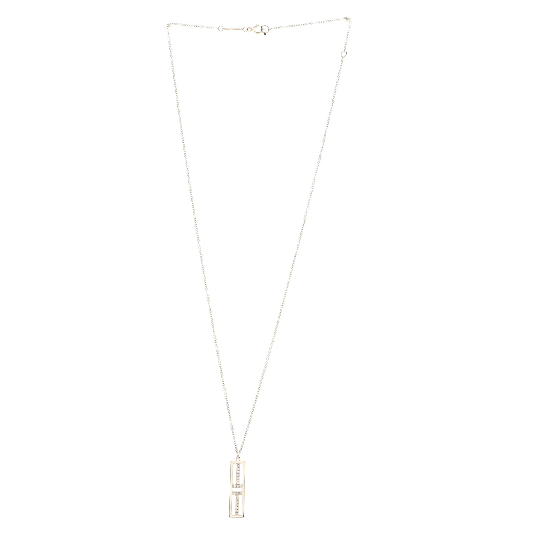 T Open Vertical Diamond Bar Pendant Necklace 18K White Gold