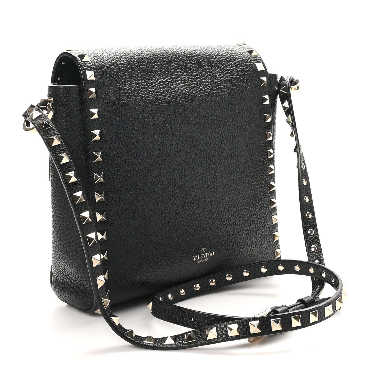 Pebbled Calfskin Rockstud Flip Lock Flap Messenger Black