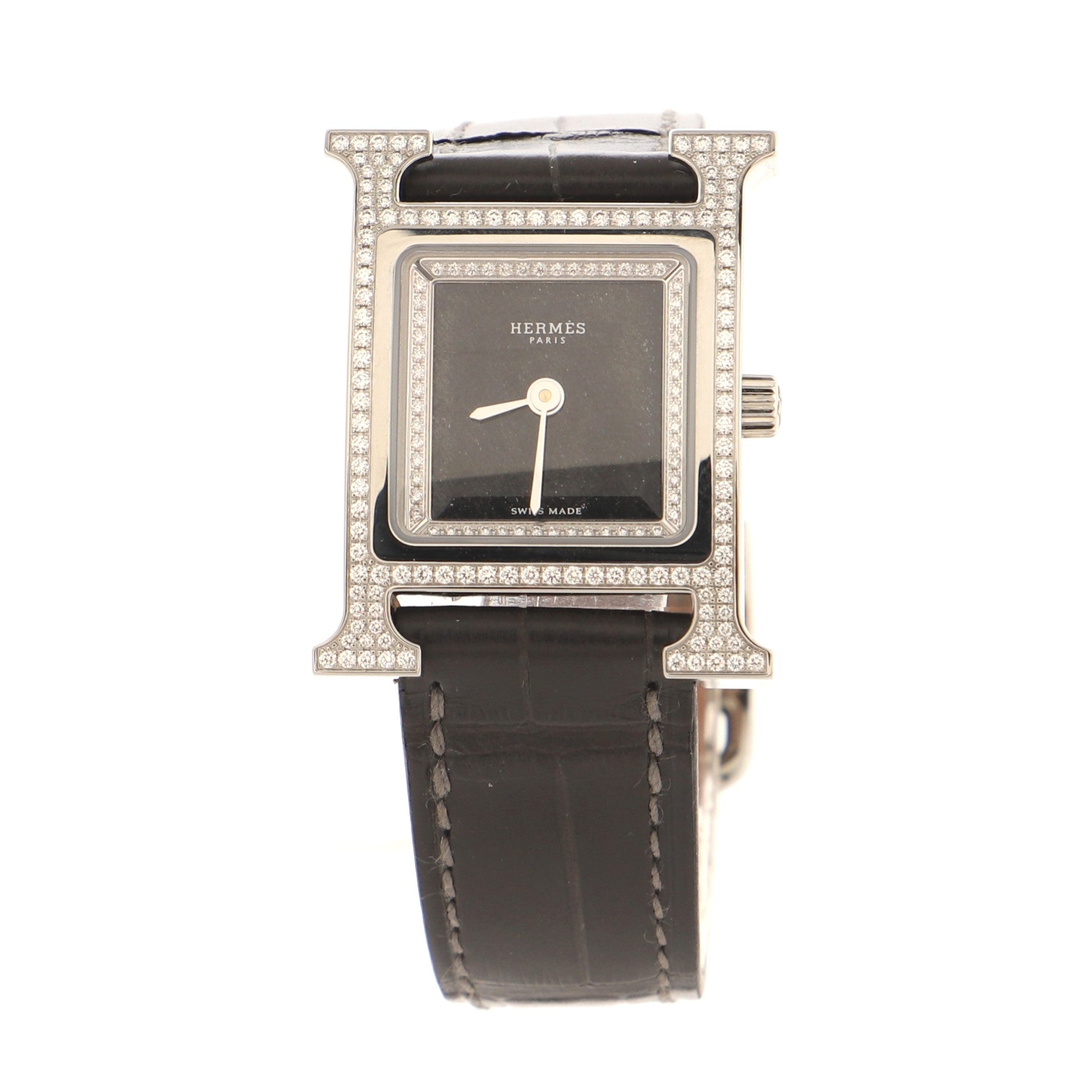 Heure H Quartz Watch Stainless Steel and Alligator with Diamond Bezel and Diamond Obsidian Dial 21