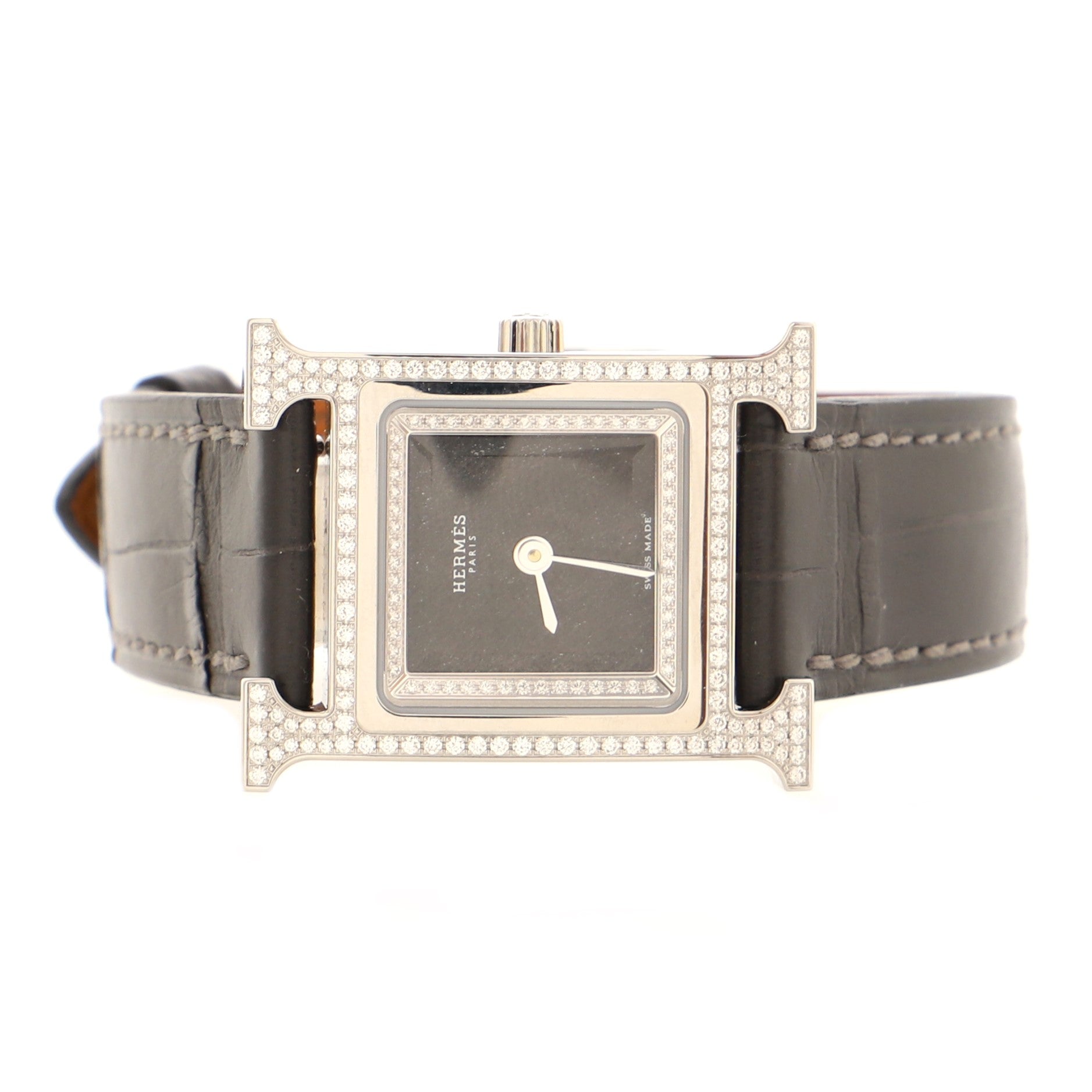 Heure H Quartz Watch Stainless Steel and Alligator with Diamond Bezel and Diamond Obsidian Dial 21