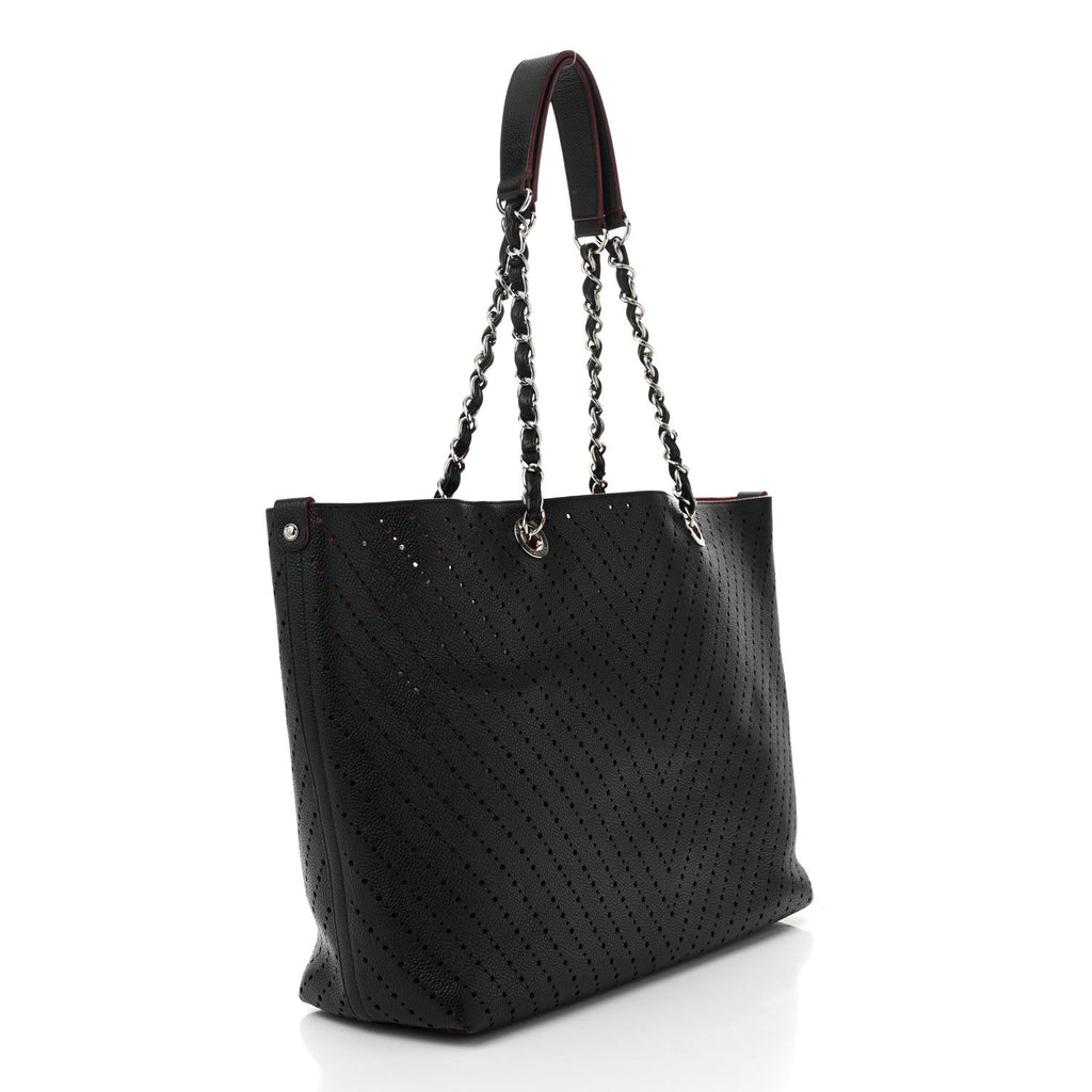 Perforated Grained Calfskin Large Shopping Tote Black