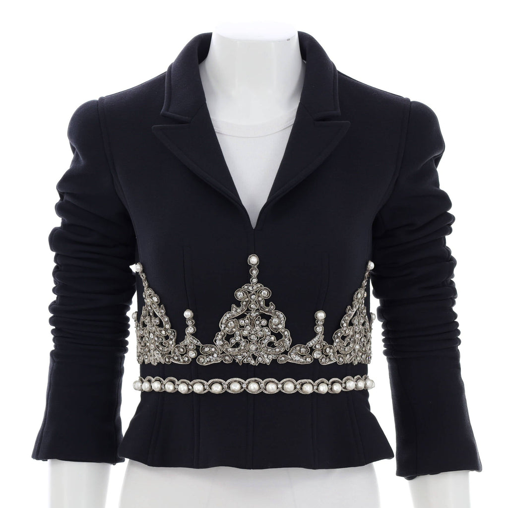 Women's Vintage Cropped Evening Jacket Embroidered Wool with Crystals and Faux Pearls