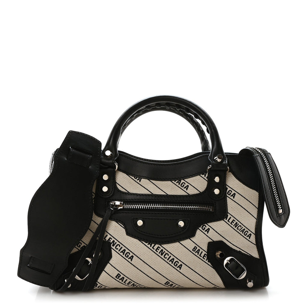 Canvas Satin Calfskin Diagonal Allover Logo Print Classic Silver Hardware Mini City Natural Black