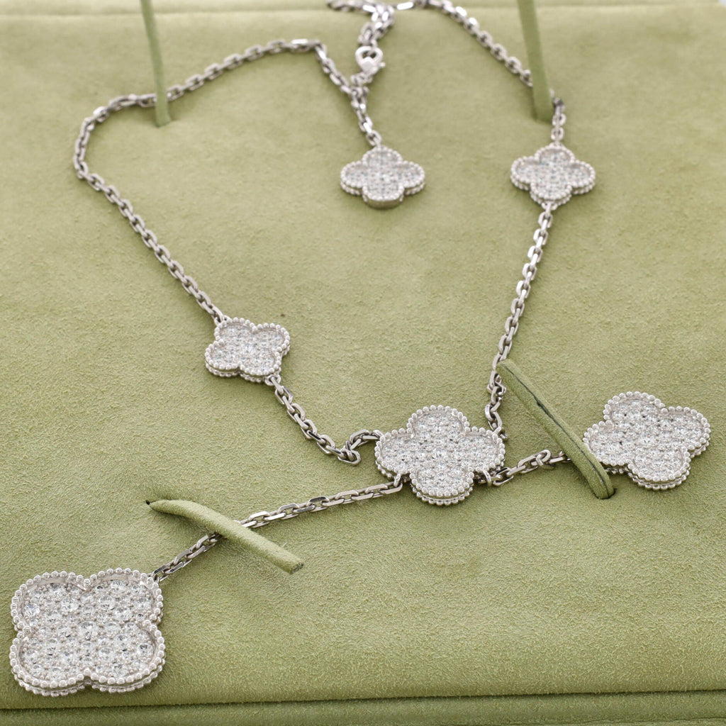 Magic Alhambra 6 Motifs Necklace 18K White Gold with Diamonds