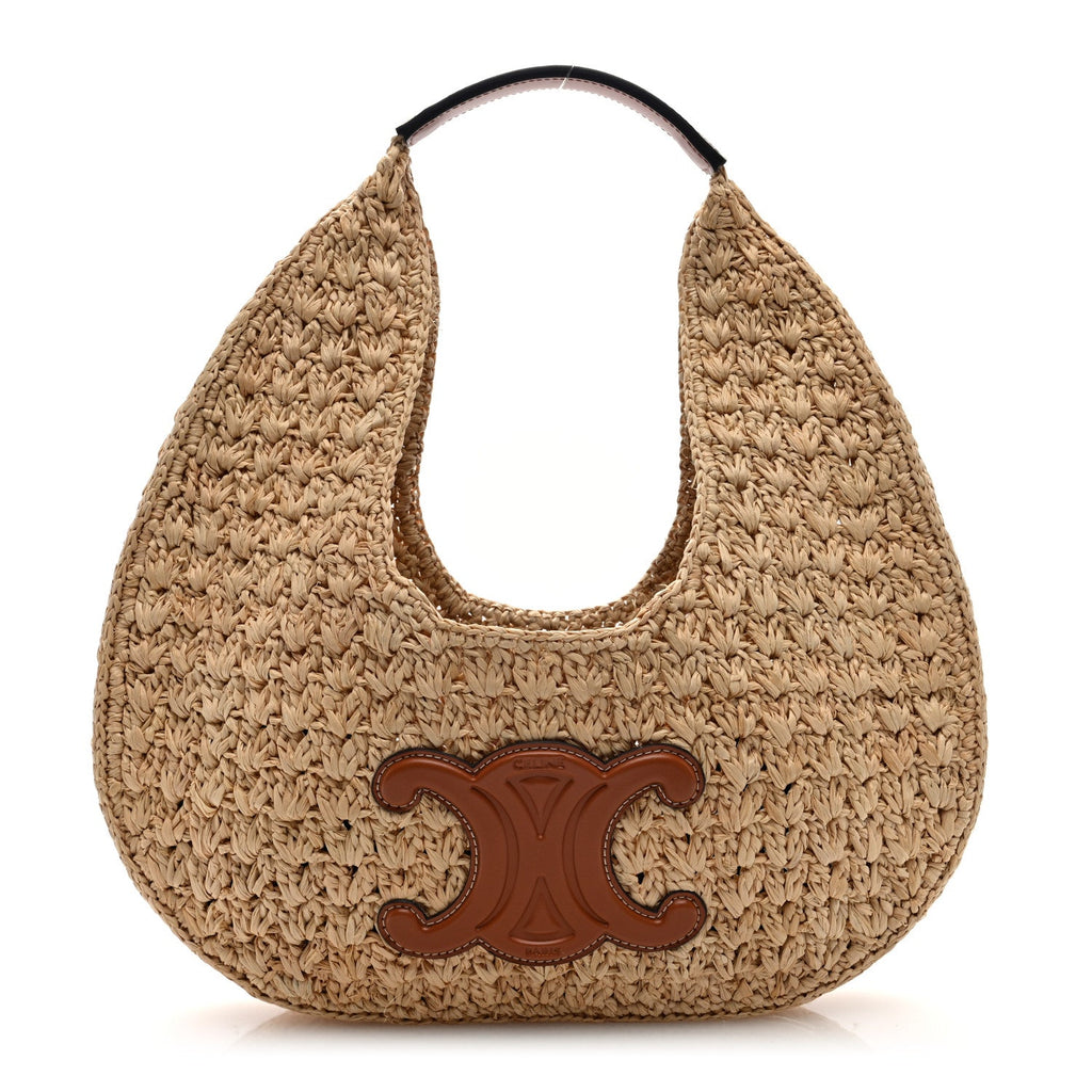 Raffia Calfskin Triomphe Panier Hobo Bag Natural Tan