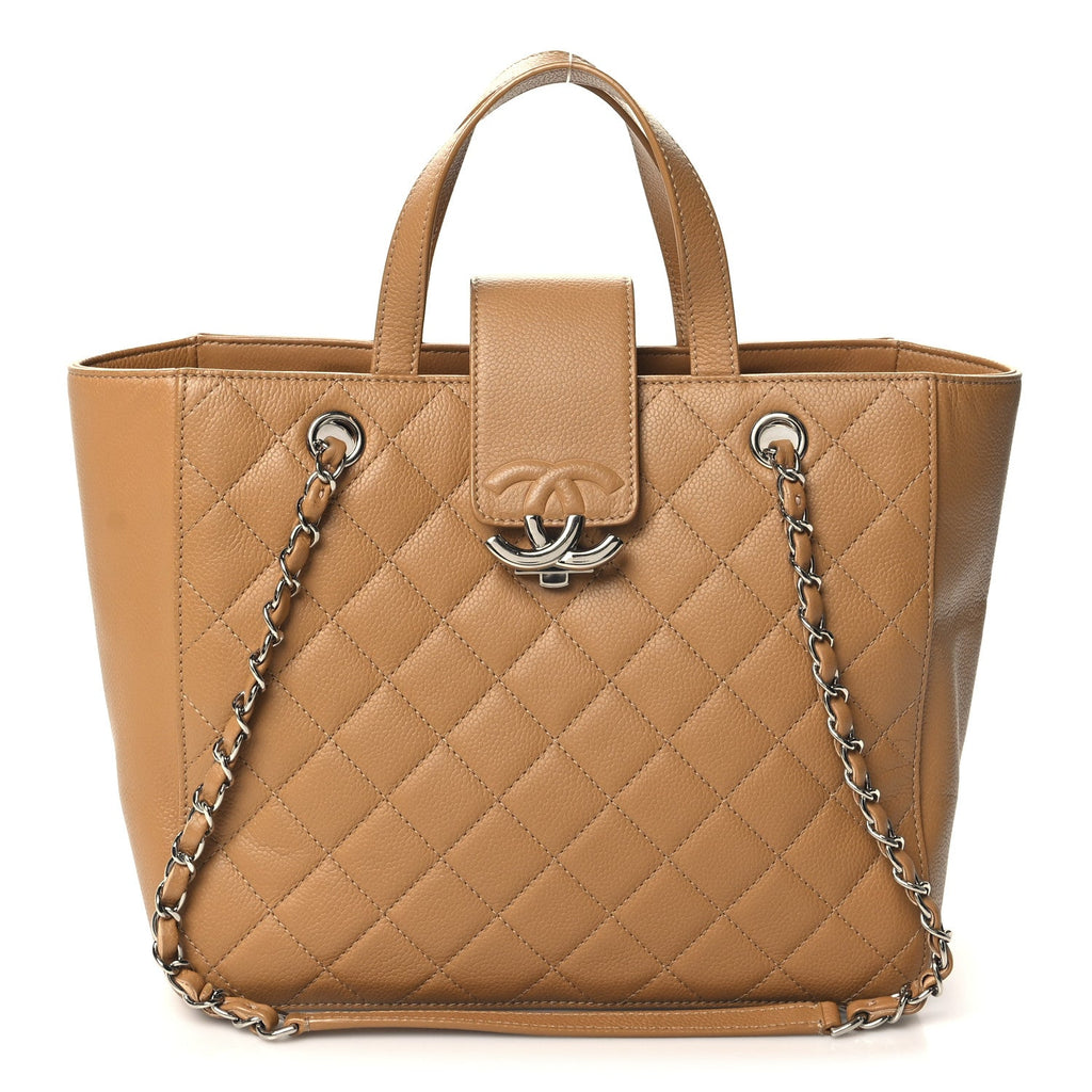 Caviar Quilted Small CC Box Shopping Tote Camel