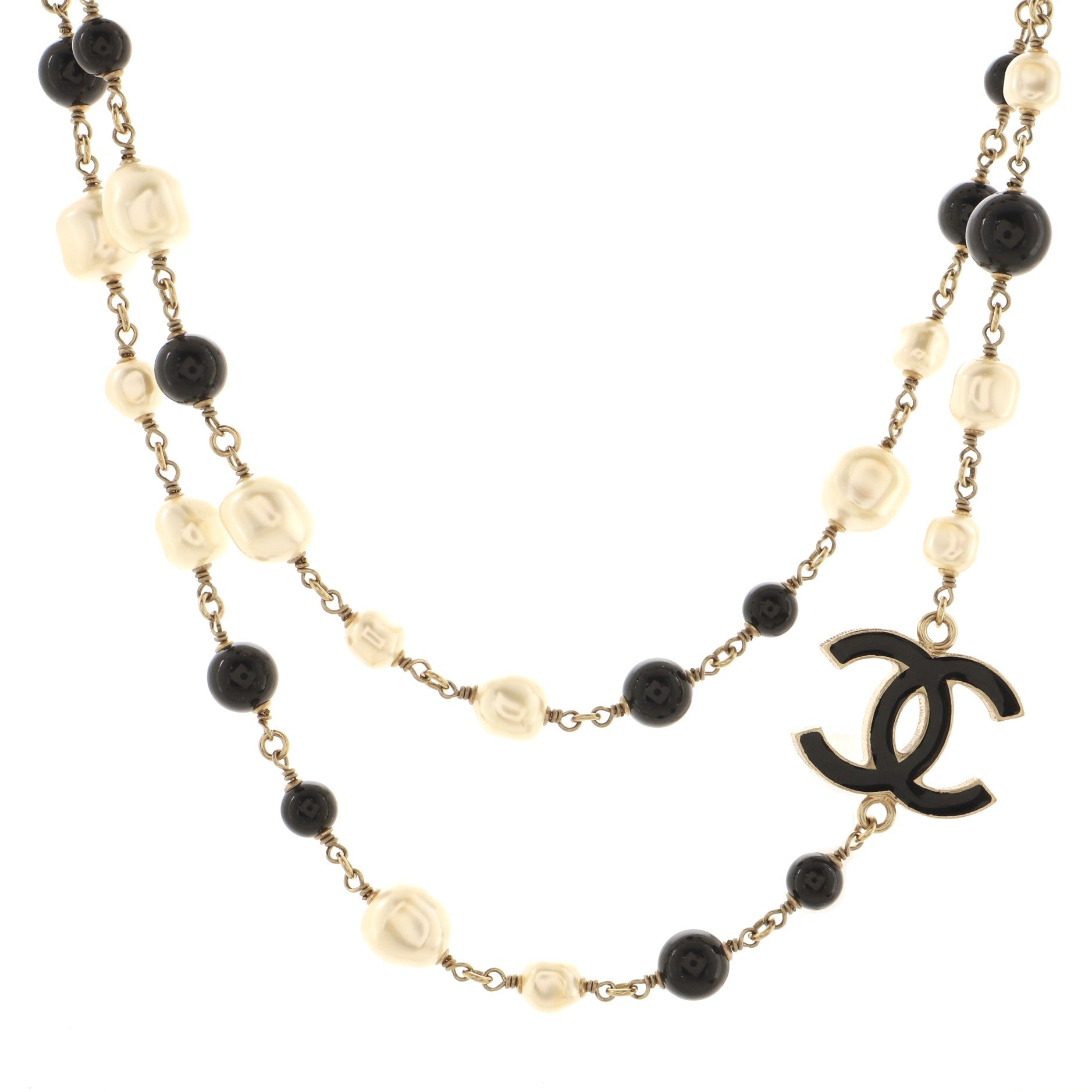 CC Long Necklace Faux Pearls and Beads with Enamel