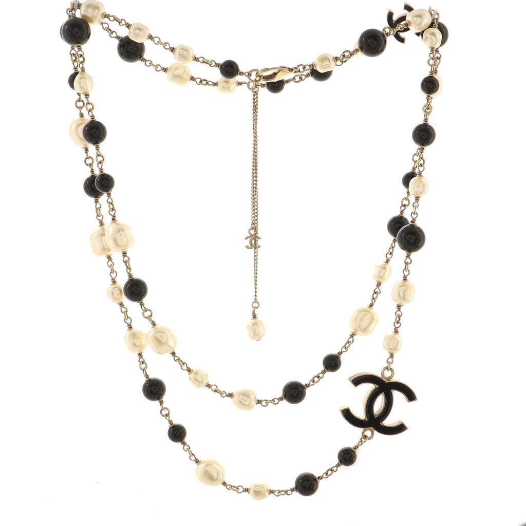 CC Long Necklace Faux Pearls and Beads with Enamel