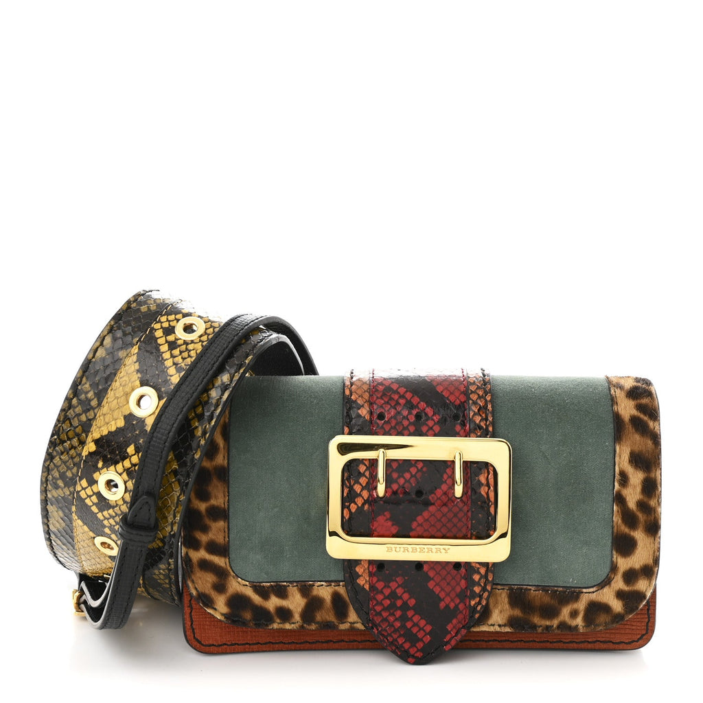Calfskin Suede Watersnake Print Pony Hair Small Madison Buckle Bag Tan Multicolor