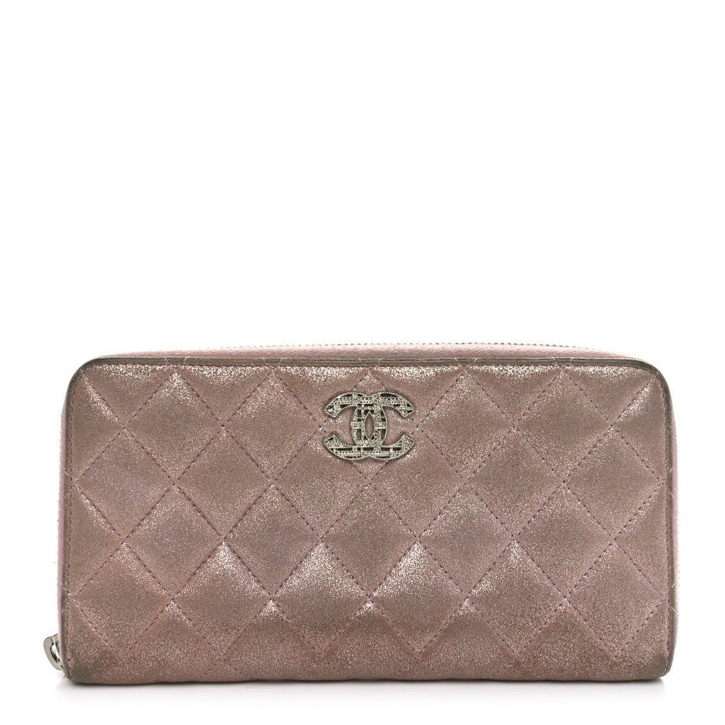 Iridescent Calfskin Quilted Large Gusset Zip Around Wallet Pink