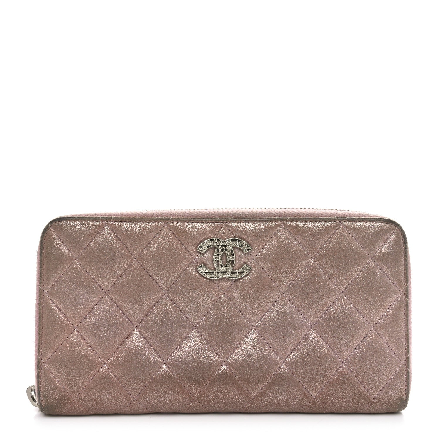 Iridescent Calfskin Quilted Large Gusset Zip Around Wallet Pink