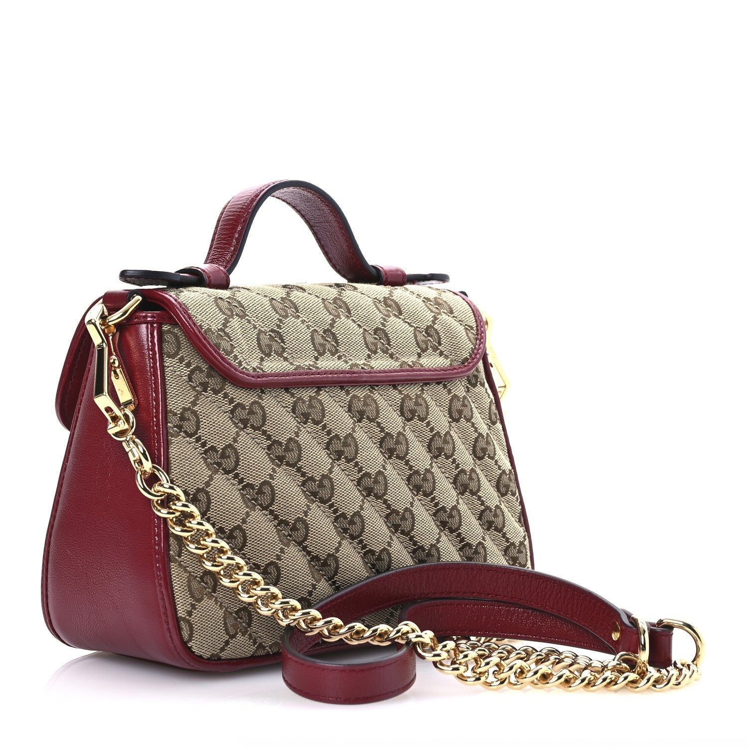 Monogram Glazed Calfskin Matelasse Diagonal Mini GG Marmont Top Handle Shoulder Bag Beige Ebony New Cherry Red