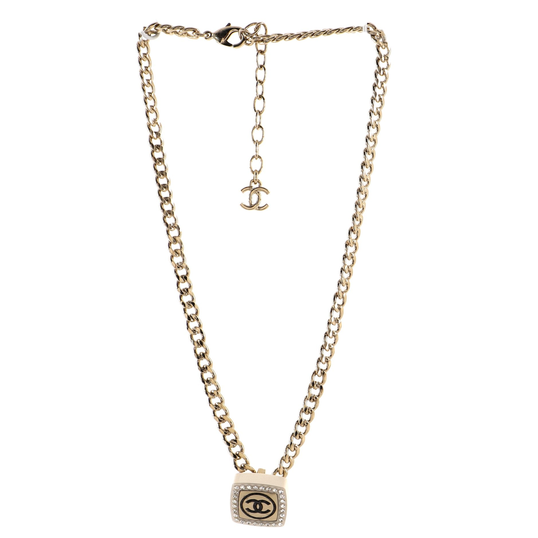 CC Square Pendant Chain Necklace Metal with Crystals and Resin