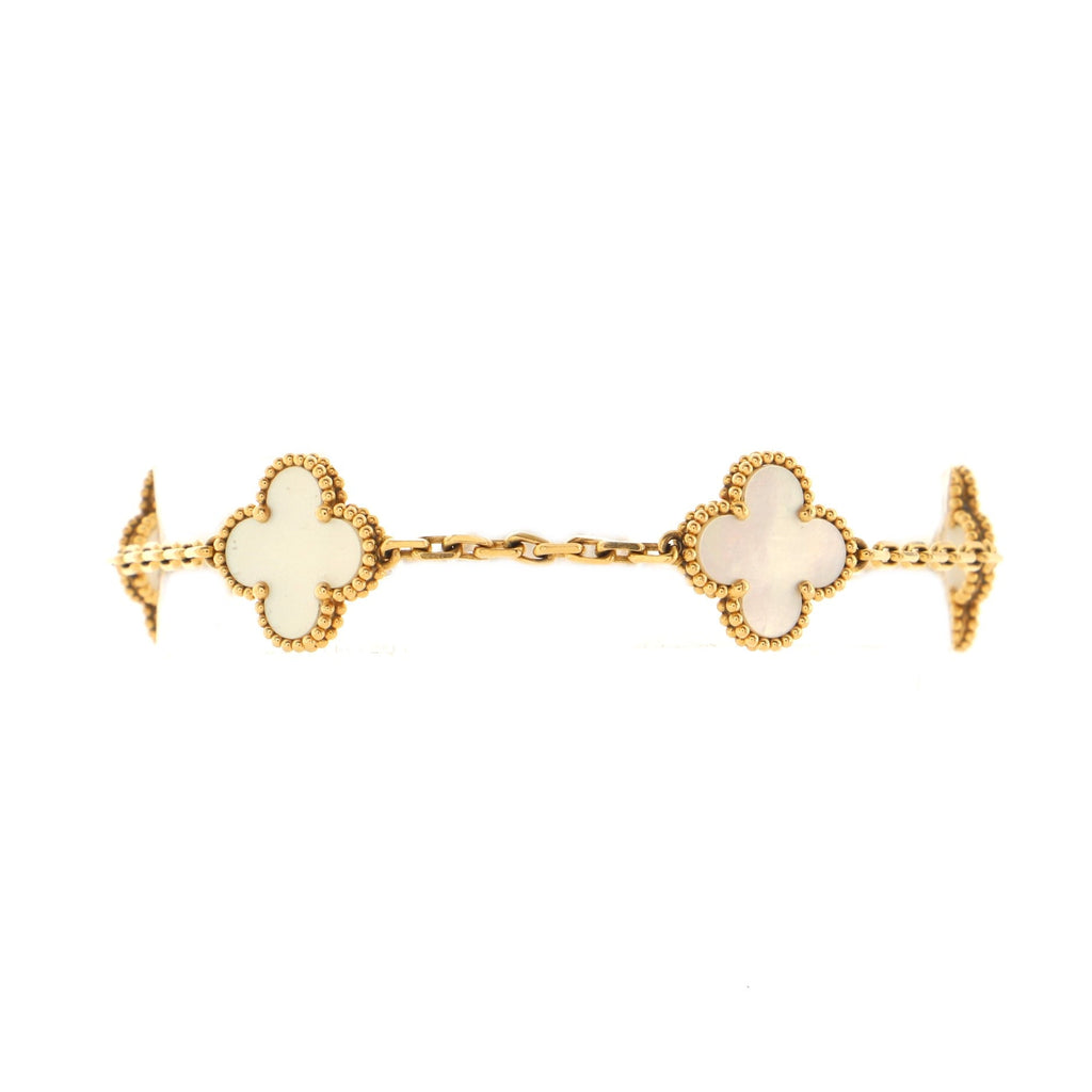 Vintage Alhambra 5 Motifs Bracelet 18K Yellow Gold and Mother of Pearl
