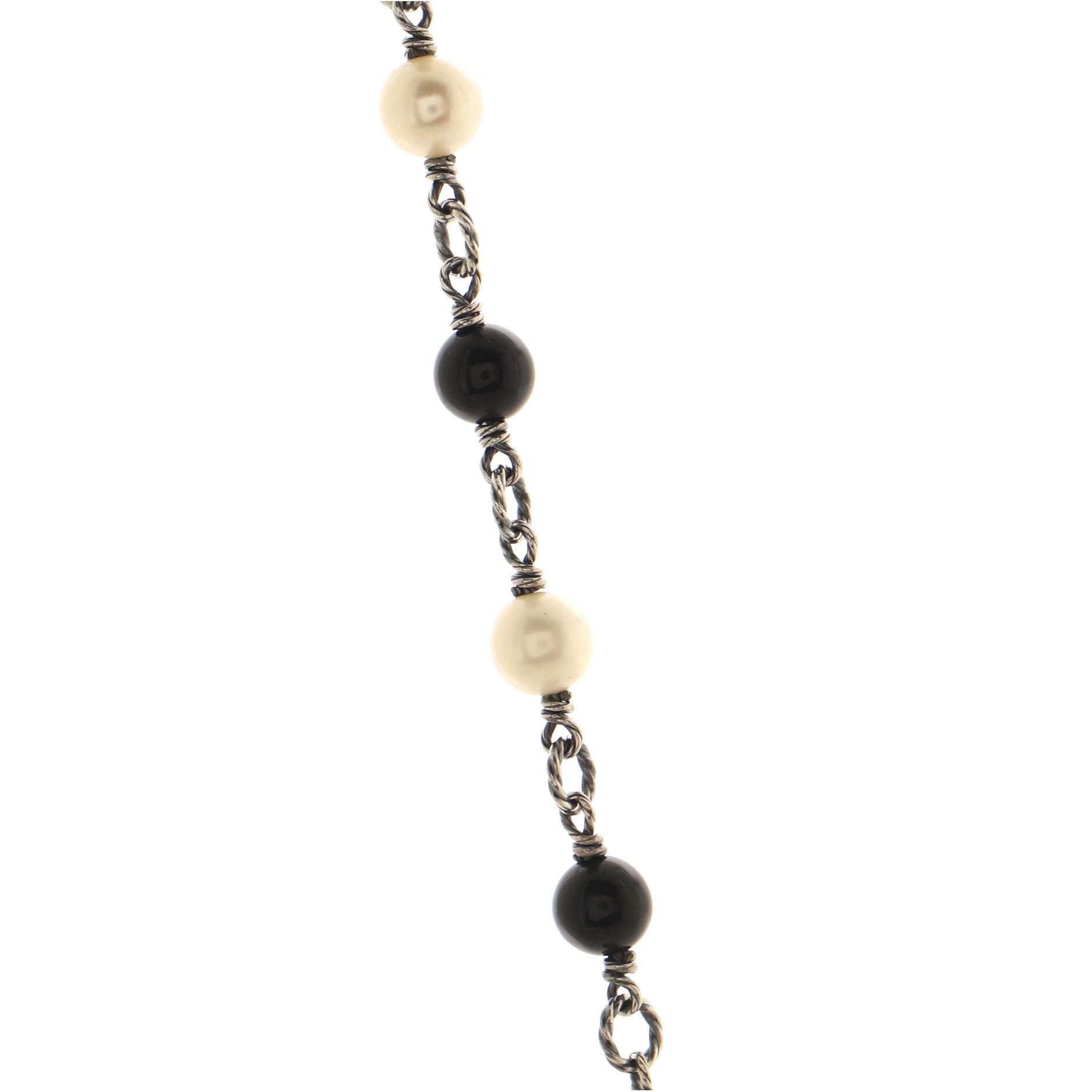 Bijoux Quatrefoil Chain Long Necklace Sterling Silver with Onyx and Pearls 40''