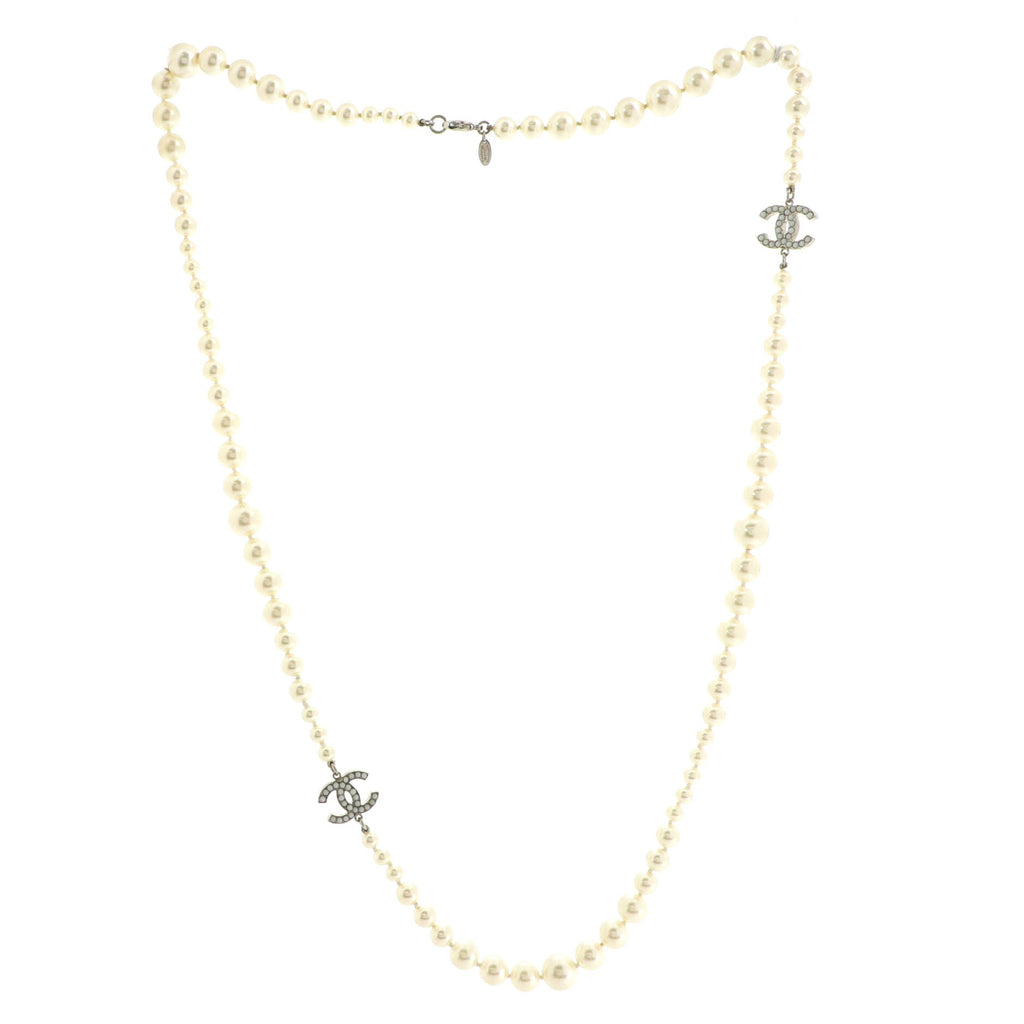 CC Long Necklace Faux Pearl and Metal with Beads