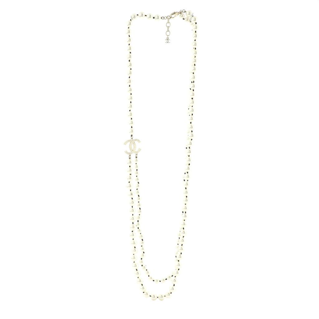 Double CC Long Necklace Faux Pearls and Metal