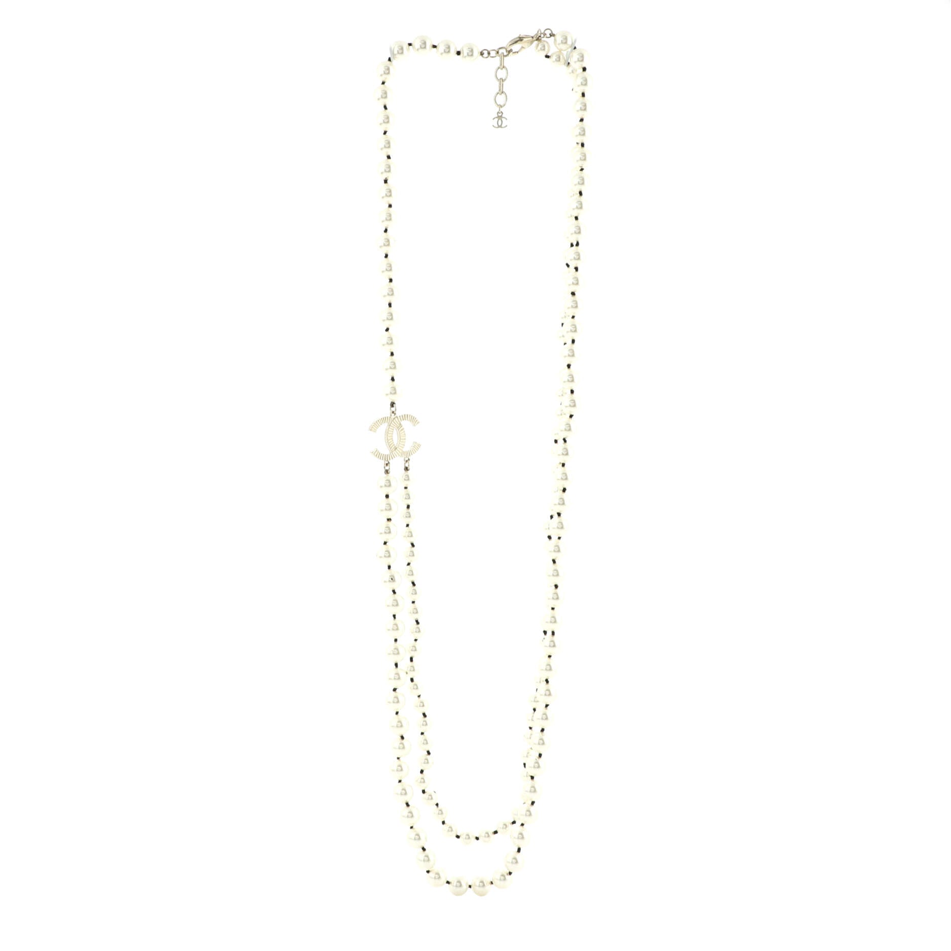 Double CC Long Necklace Faux Pearls and Metal