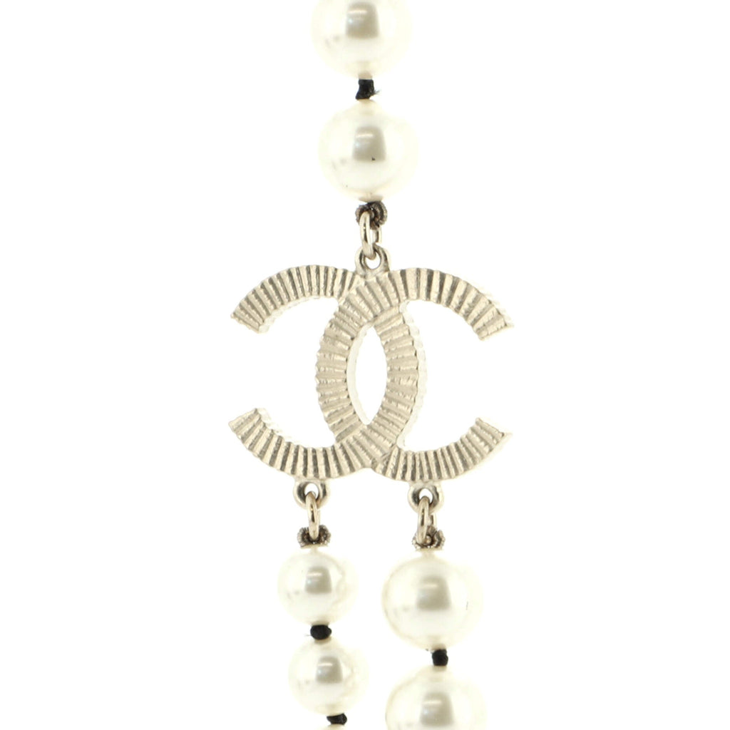Double CC Long Necklace Faux Pearls and Metal