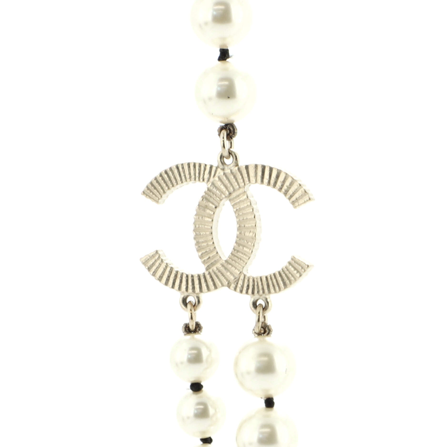 Double CC Long Necklace Faux Pearls and Metal