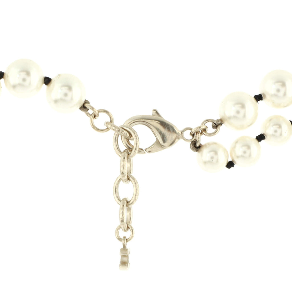 Double CC Long Necklace Faux Pearls and Metal