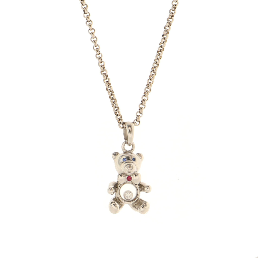 Happy Diamonds Teddy Bear Pendant Necklace 18K White Gold with Diamonds and 1 Floating Diamond