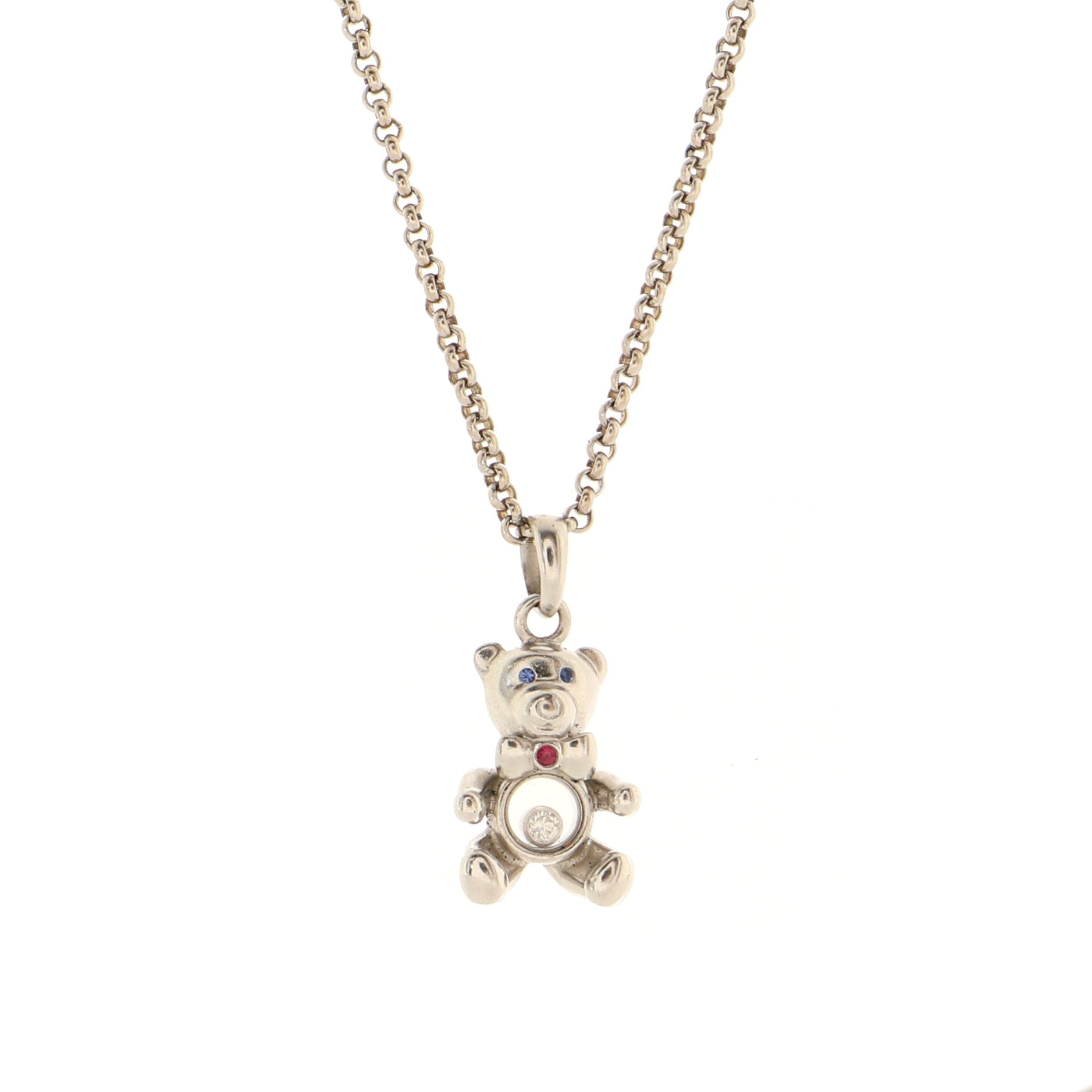 Happy Diamonds Teddy Bear Pendant Necklace 18K White Gold with Diamonds and 1 Floating Diamond