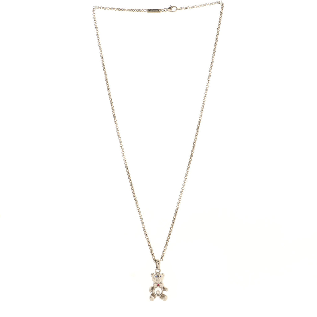 Happy Diamonds Teddy Bear Pendant Necklace 18K White Gold with Diamonds and 1 Floating Diamond