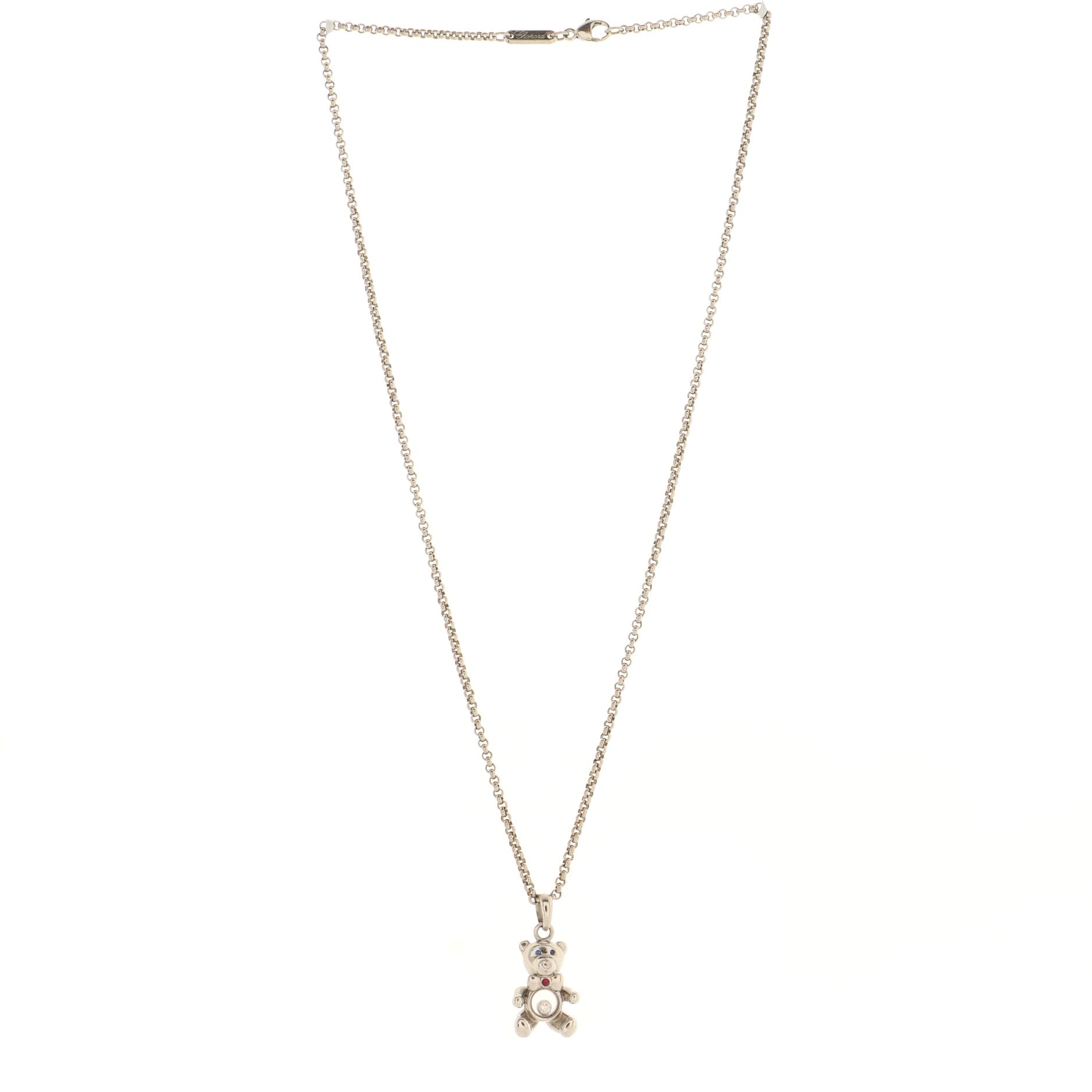 Happy Diamonds Teddy Bear Pendant Necklace 18K White Gold with Diamonds and 1 Floating Diamond