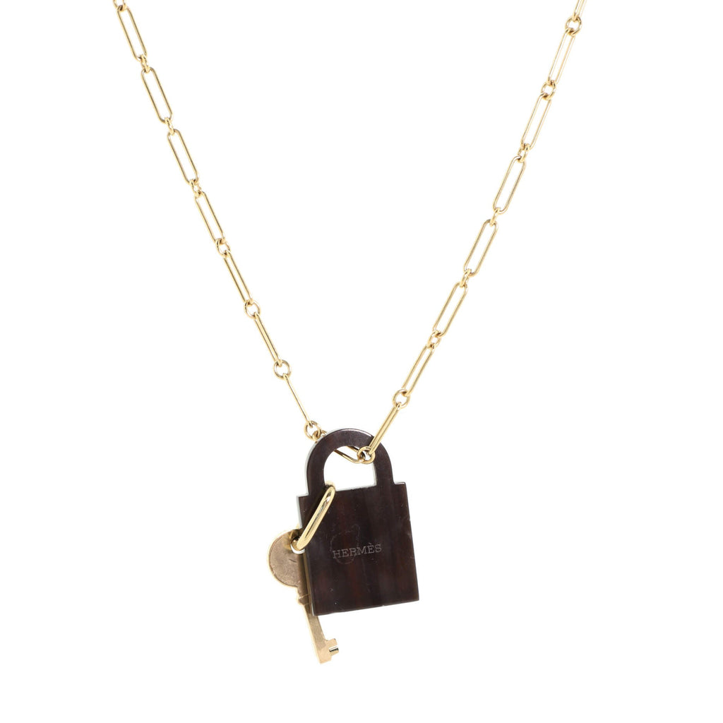 Amulette Padlock Pendant Necklace Metal with Buffalo Horn and Wood Large