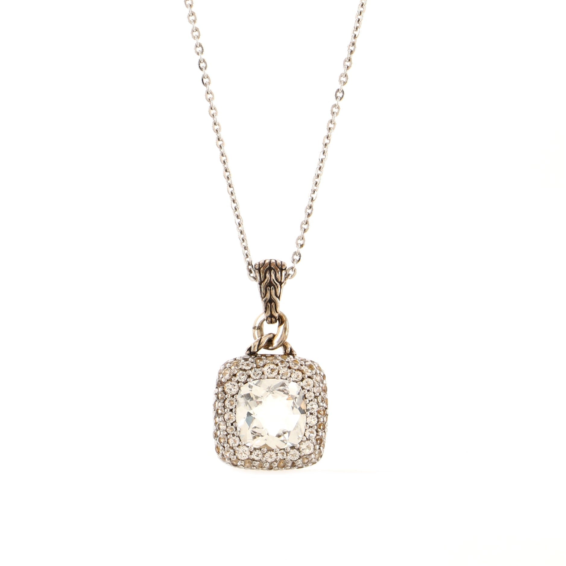 Batu Kali Square Pendant Necklace Sterling Silver with White Topaz and White Sapphires
