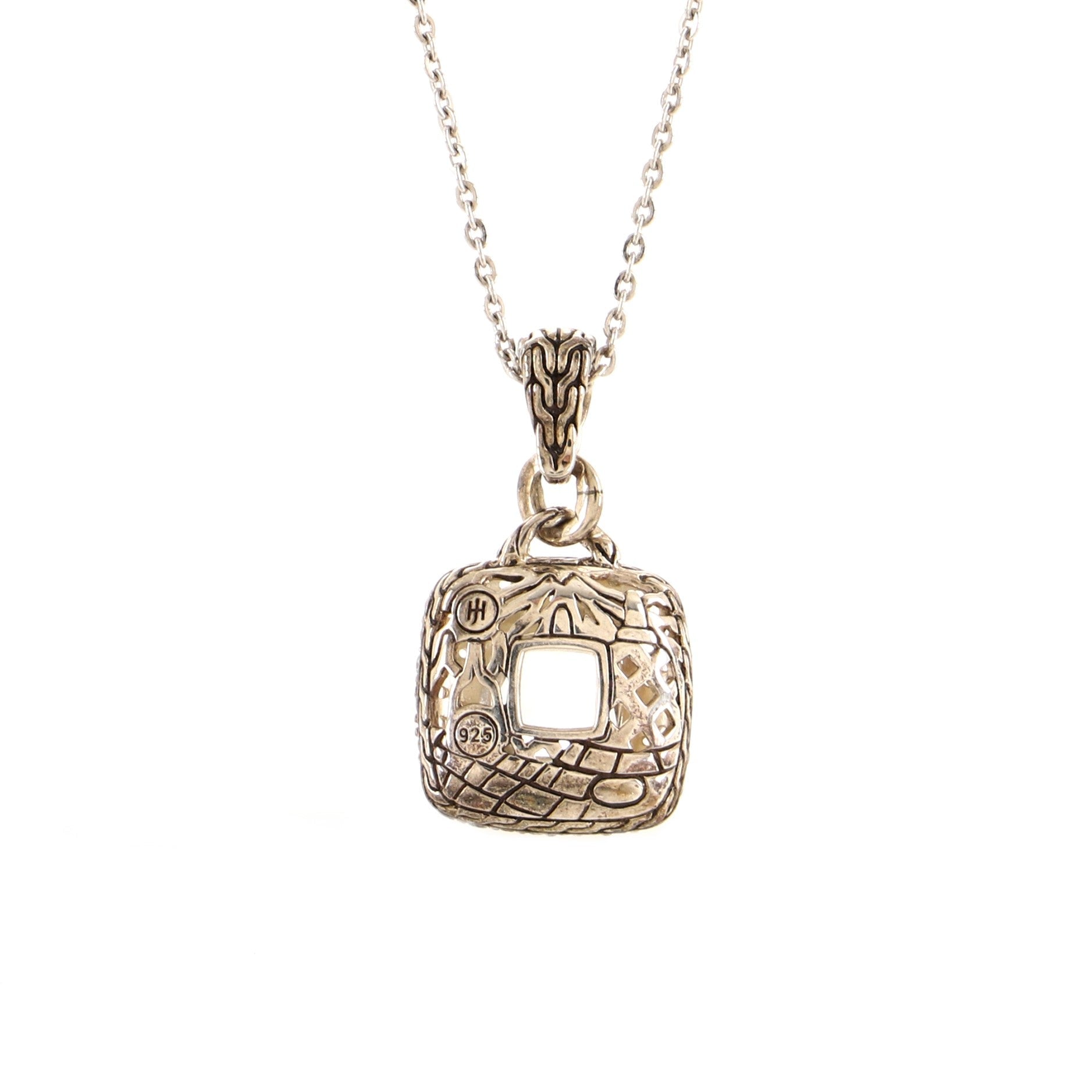 Batu Kali Square Pendant Necklace Sterling Silver with White Topaz and White Sapphires