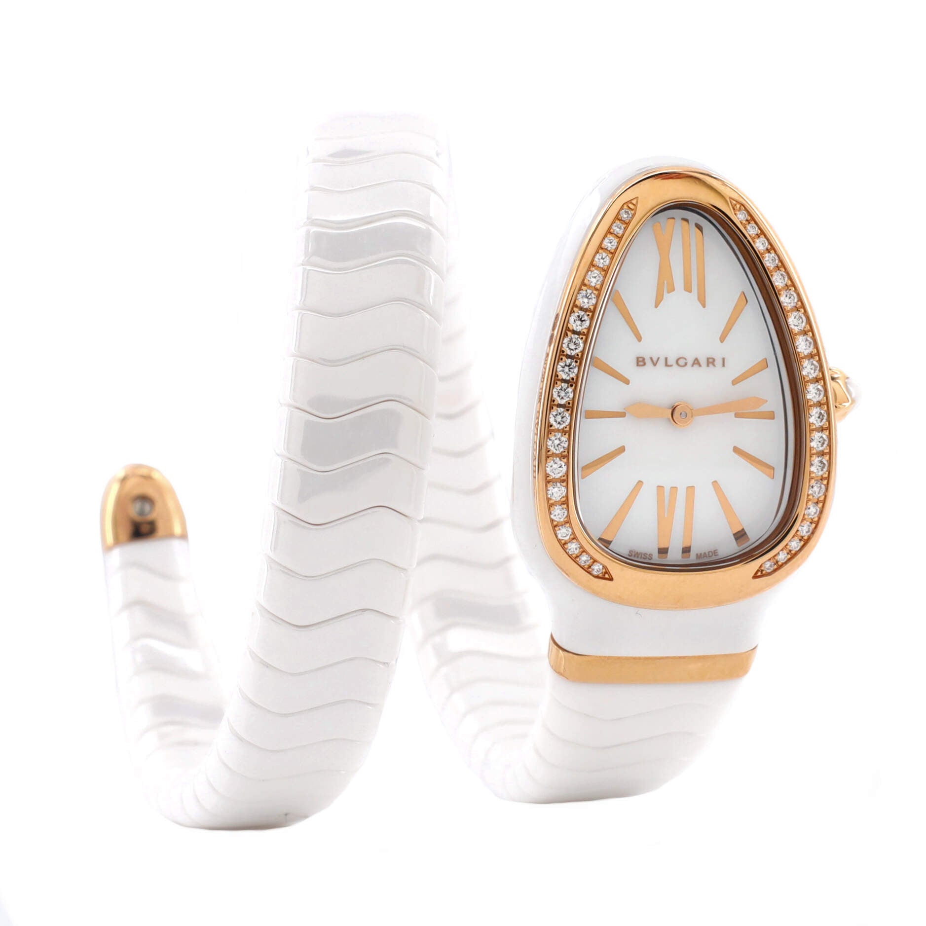 Serpenti Spiga Single Spiral Quartz Watch Ceramic and Rose Gold with Diamond Bezel 23