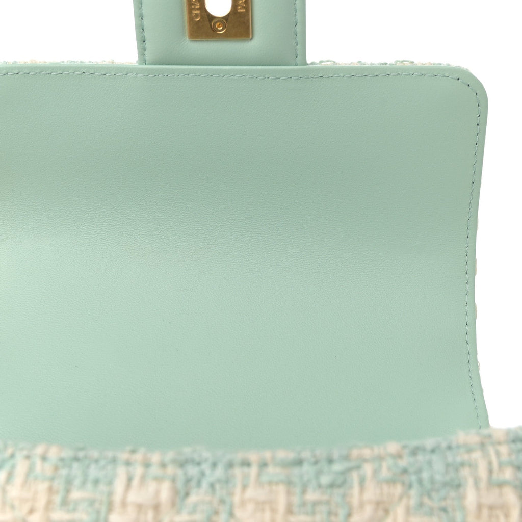 Tweed Handle Crush Top Handle Flap Bag Light Blue Ecru