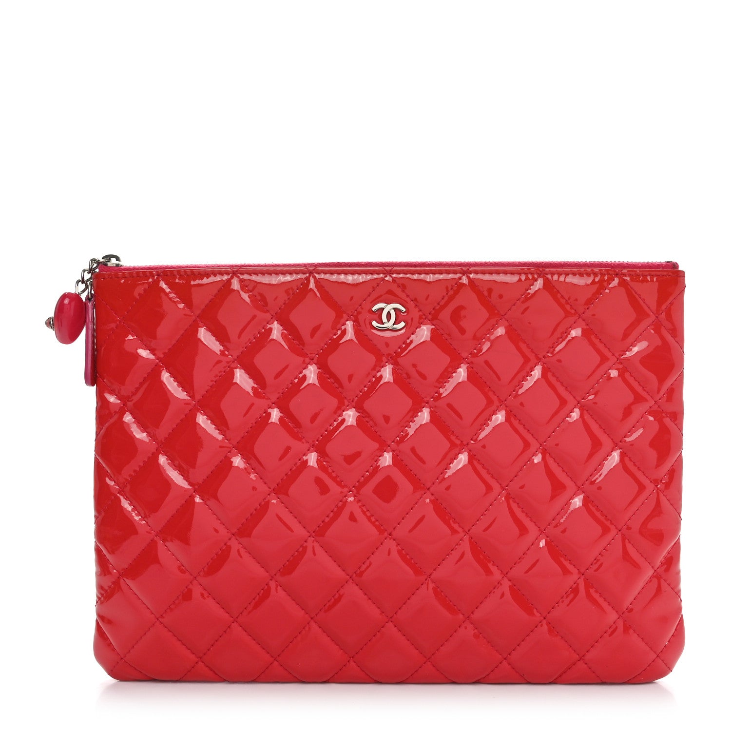 Patent Calfskin Quilted Valentine Hearts Medium O Cosmetic Case Dark Pink
