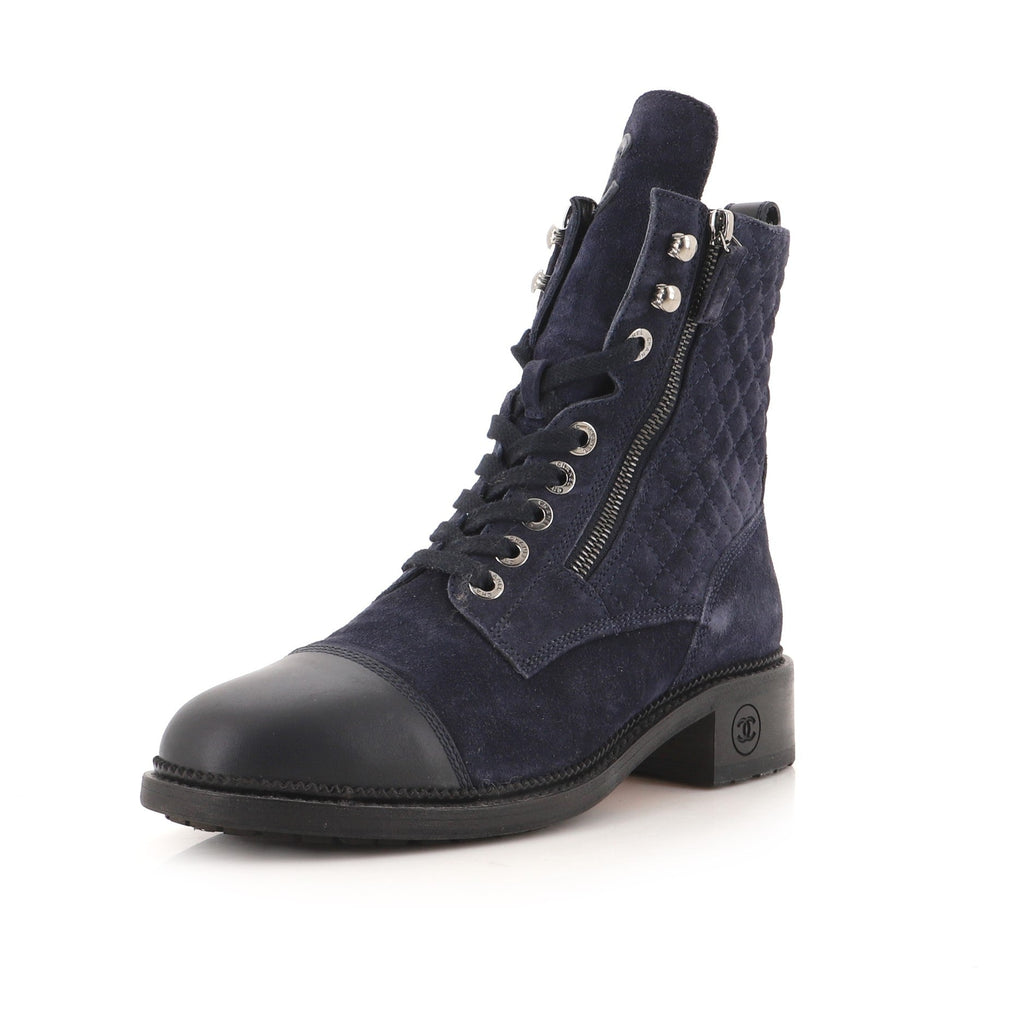 Women's CC Cap Toe Combat Boots Quilted Suede with Leather